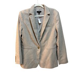 Ann Taylor Blazer Womens 12 Beige Pinstripe The Hutton Wool Blend Work Jacket